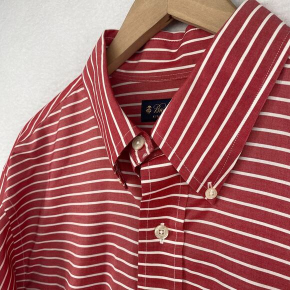 BROOKS BROTHERS Shirt Mens L Non-Iron Striped Button Down Long Sleeve Cotton Red - Picture 1 of 10